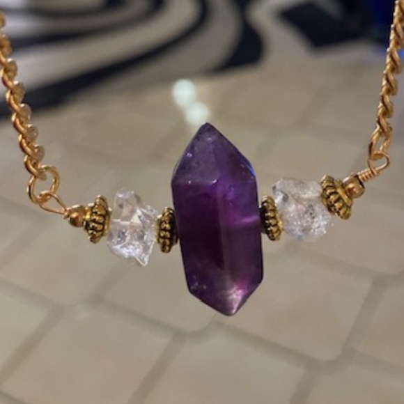 Genuine double point amethyst crystal & herkimer diamonds gold boho necklace - Picture 3 of 11